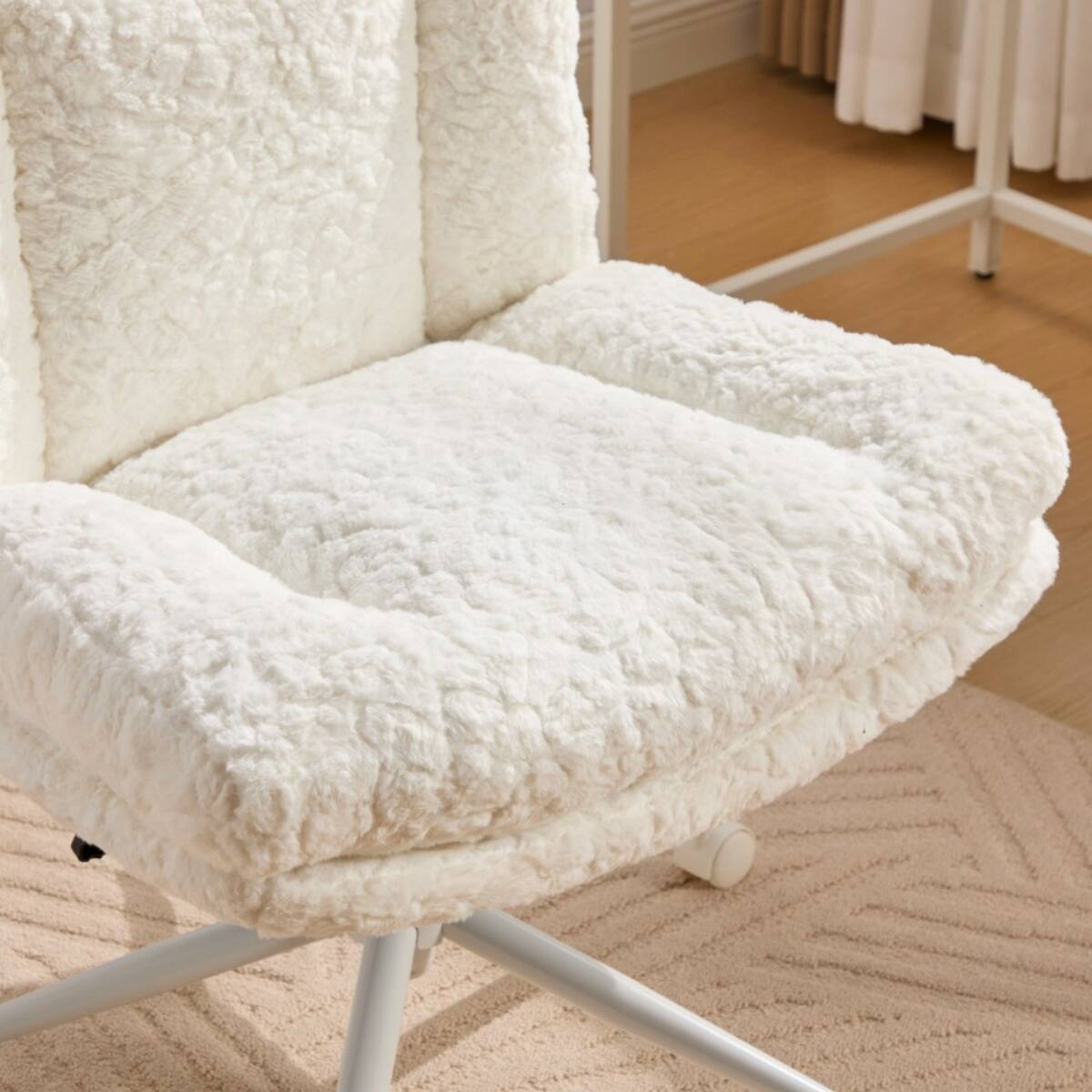 Back. HTUTWOO - 26.4 Office Chair with Back & Wheels - Plush Faux Fur,Adjustable Height & Swivel, 300LB Capacity - Makeup Chair for Home - White.