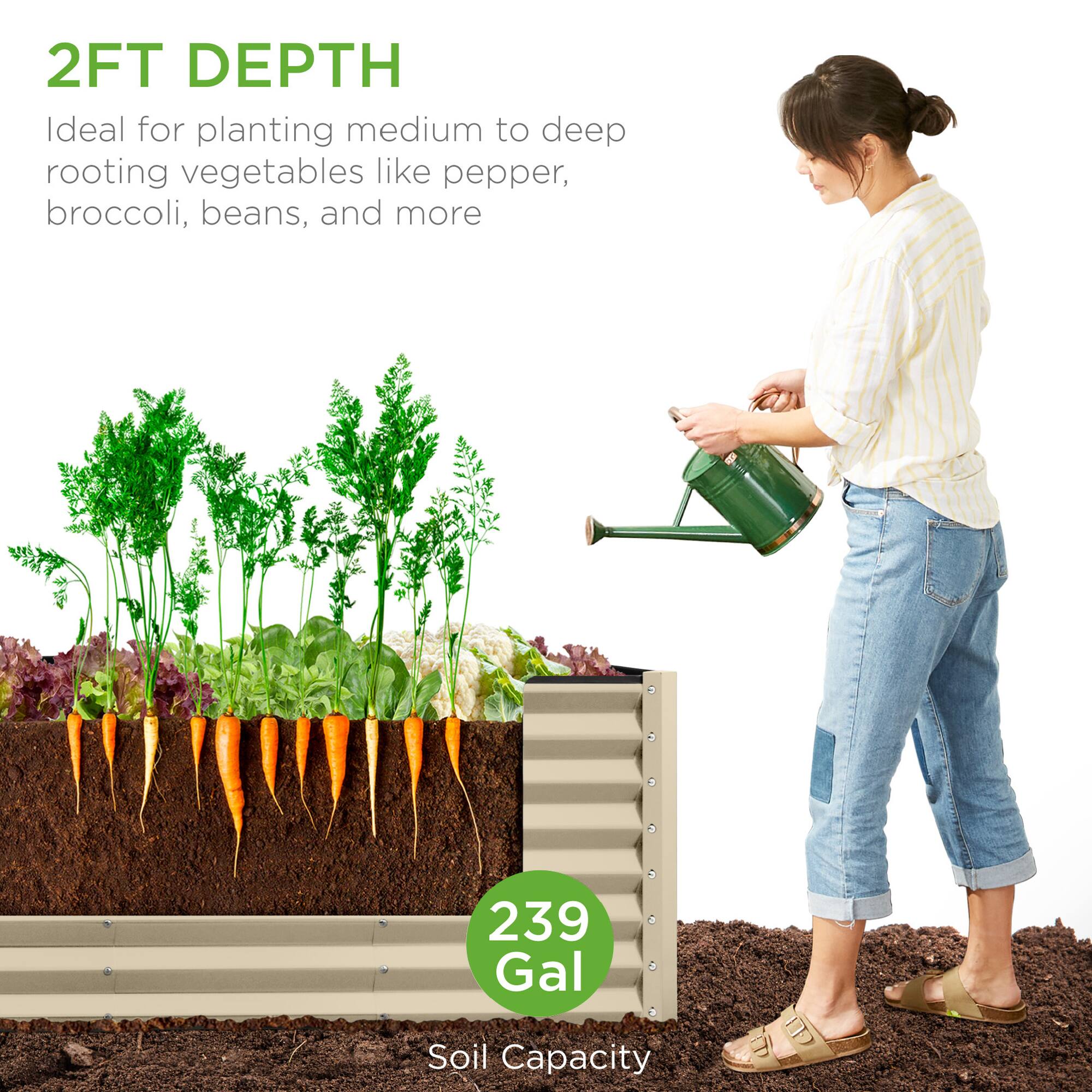 2FT DEPTH  
Ideal for planting medium to deep rooting vegetables like pepper, broccoli, beans, and more  

239 Gal  
Soil Capacity