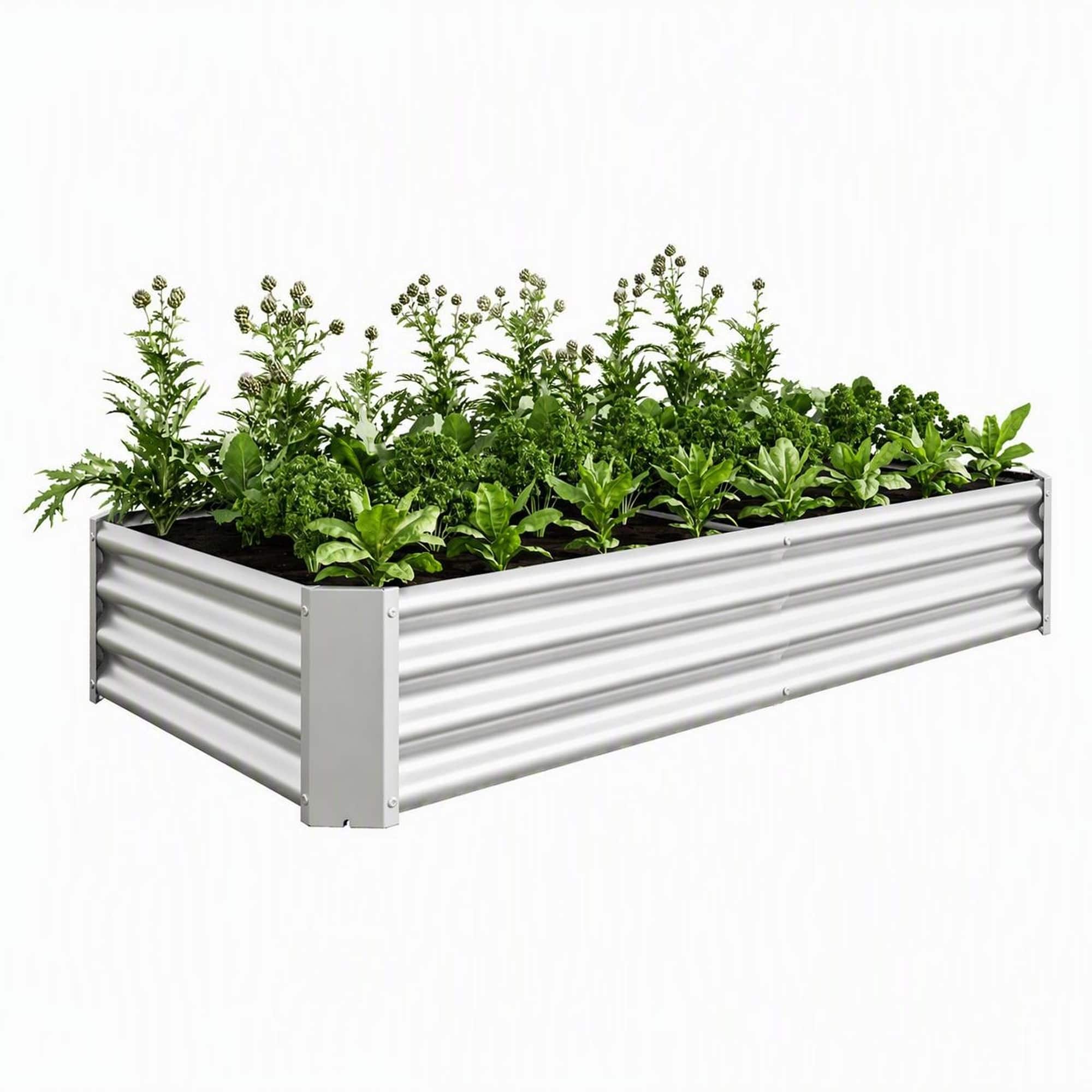 Front. RYHNUYNE - Outdoor Metal Raised Garden Bed 6x3x1ft Silver Rectangular Corrugated Planter Box for Vegetables Flowers and Plants - Silver.