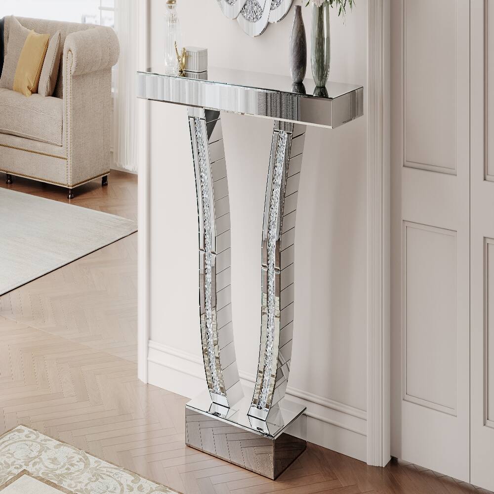 Alt View 6. Loheer - Loheer 43 inch mirrored console table, silver glam entryway table with glass top - Silver.
