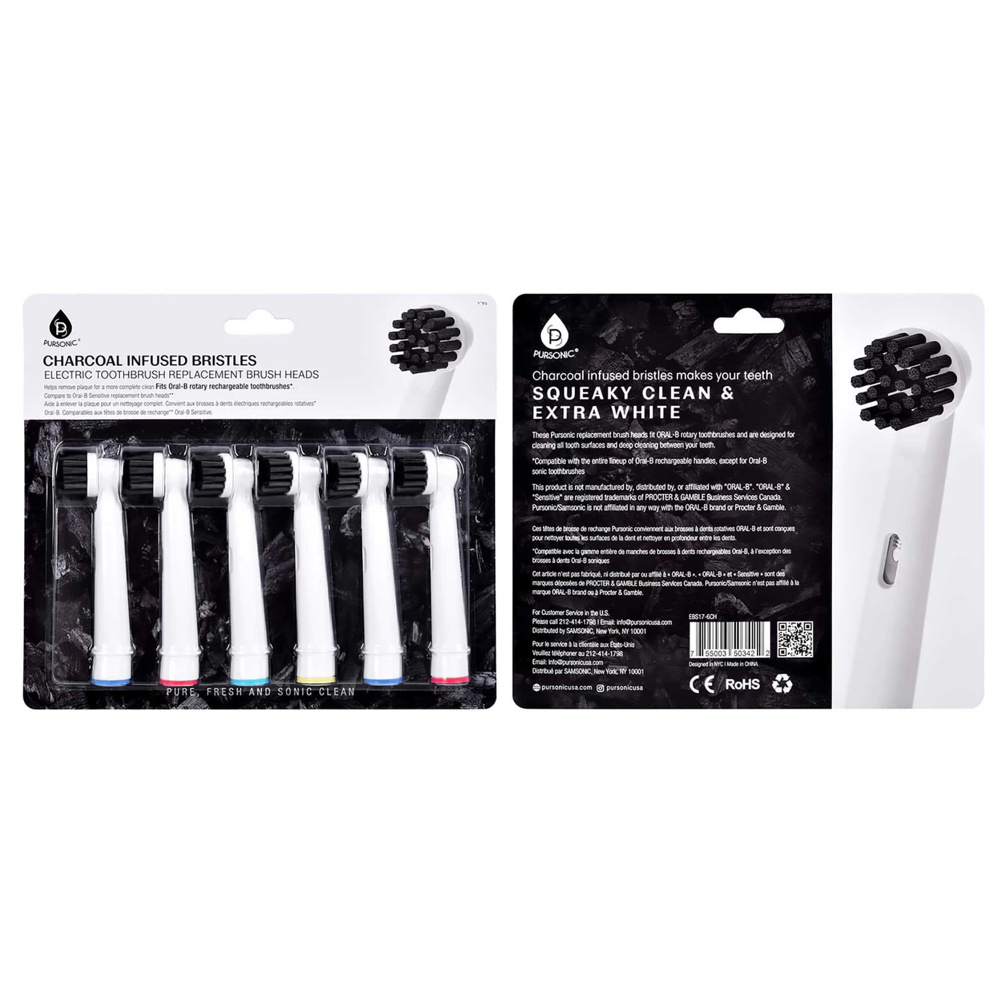 Pursonic - Charcoal Infused Bristles Electric Toothbrush Replacement Brush Heads - White