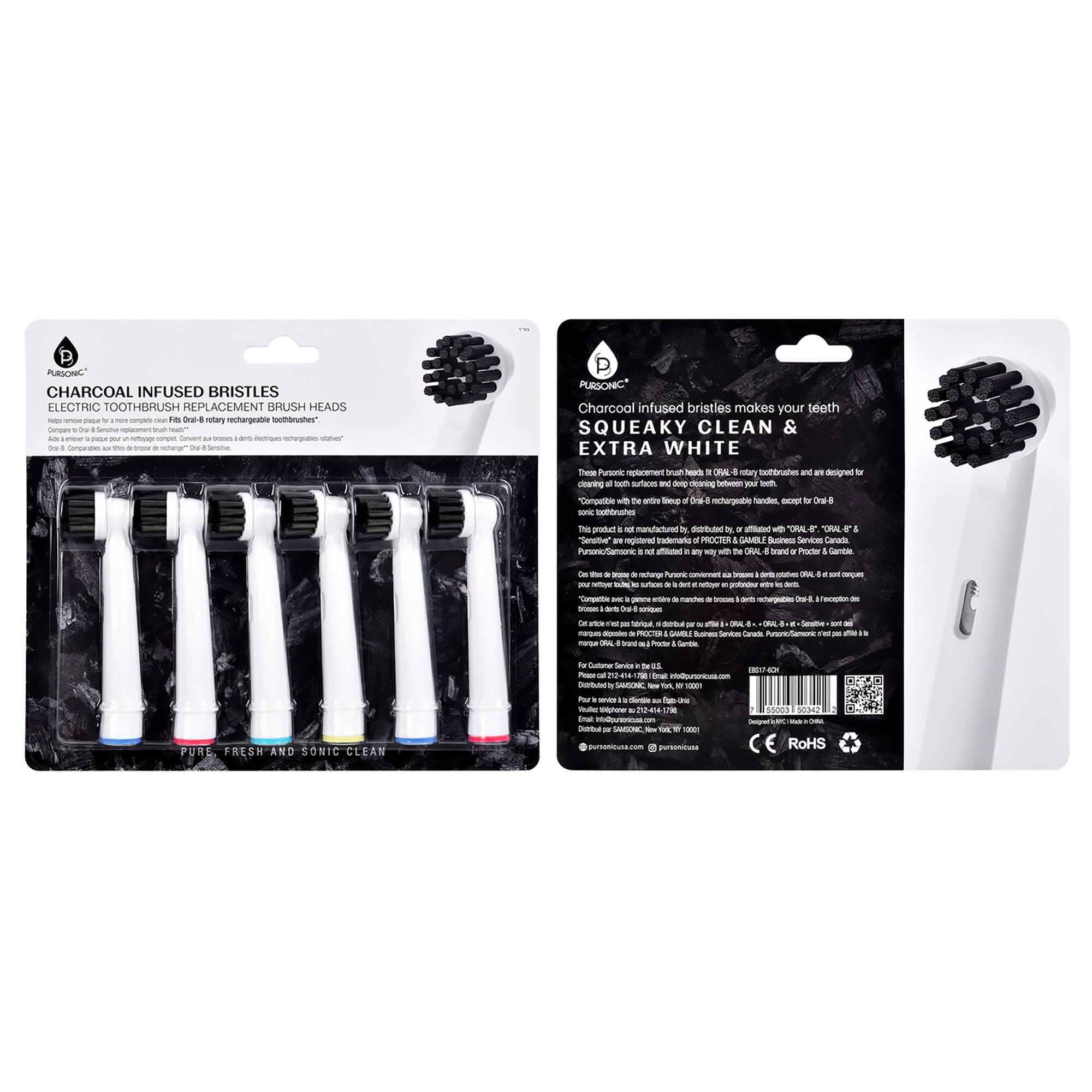 Pursonic - Charcoal Infused Bristles Electric Toothbrush Replacement Brush Heads - White