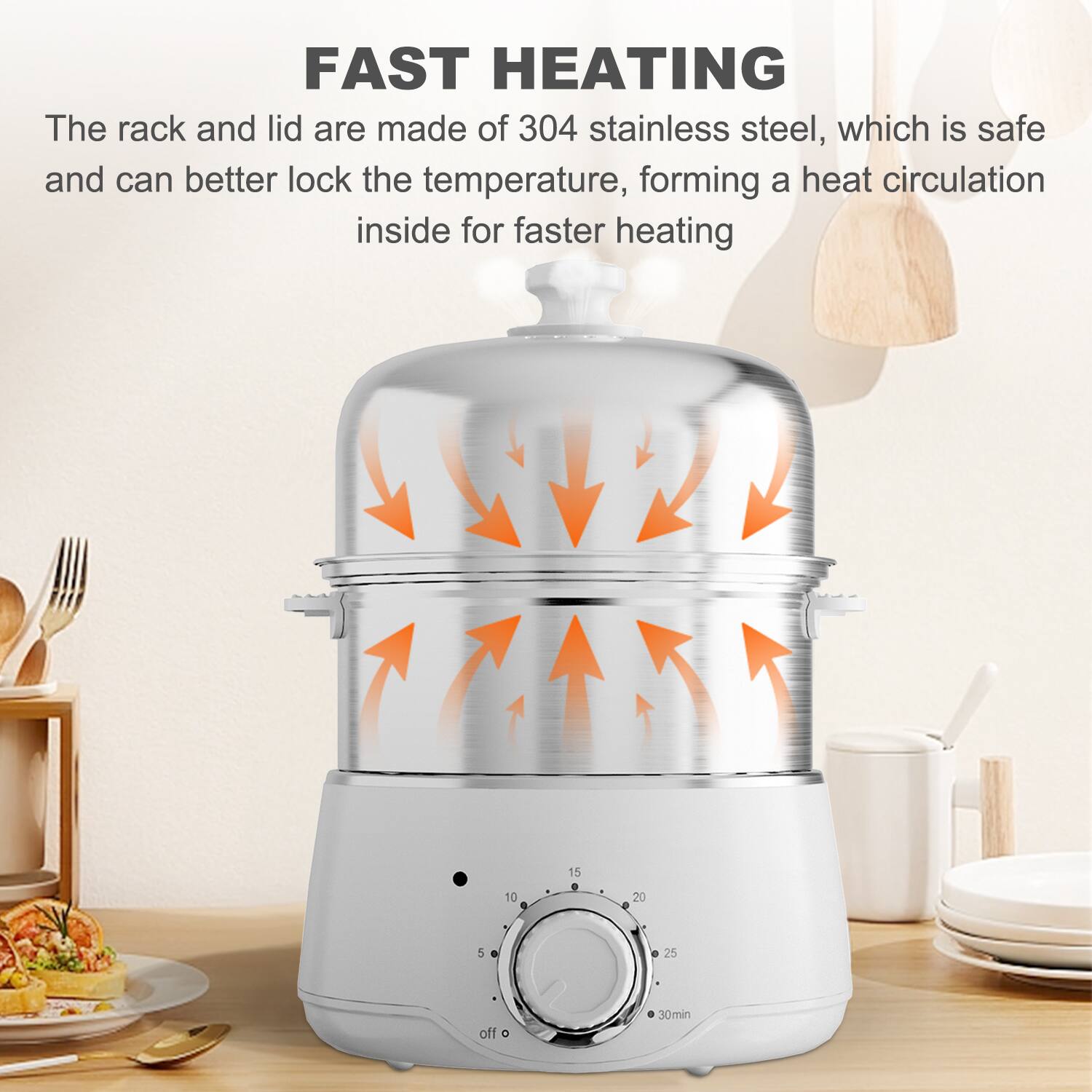 FAST HEATING

The rack and lid are made of 304 stainless steel, which is safe and can better lock the temperature, forming a heat circulation inside for faster heating.