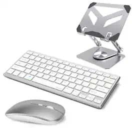 Delton - 3 Piece N35 Wireless Keyboard Mouse and Tablet Stand Bundle with Bluetooth and 2.4G Connectivity, Black - White
