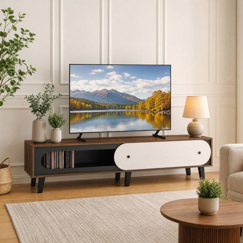 Front. WELLFOR - Mid Century Modern TV Stand for TVs up 80",Entertainment Center Media Console with Sliding Door Cabinet for Living Room - Walnut.