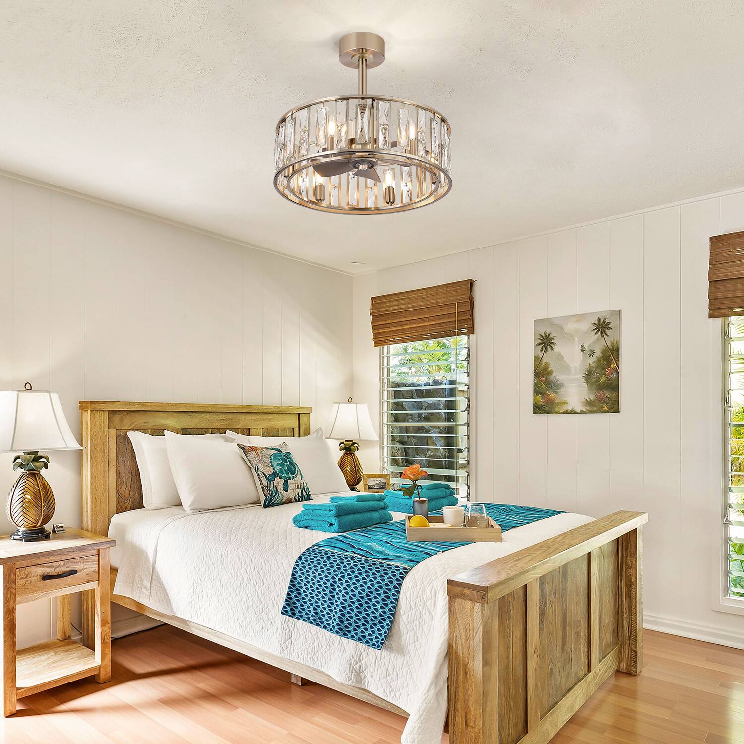 Alt View 5. Breezary - 20-inch Caged Ceiling Fan with Light, DC Motor, 5-Blade, 6-Speed Remote, 6-Bulb Fixture, Timer, Downrod Mount - Sand Nickel & silver.