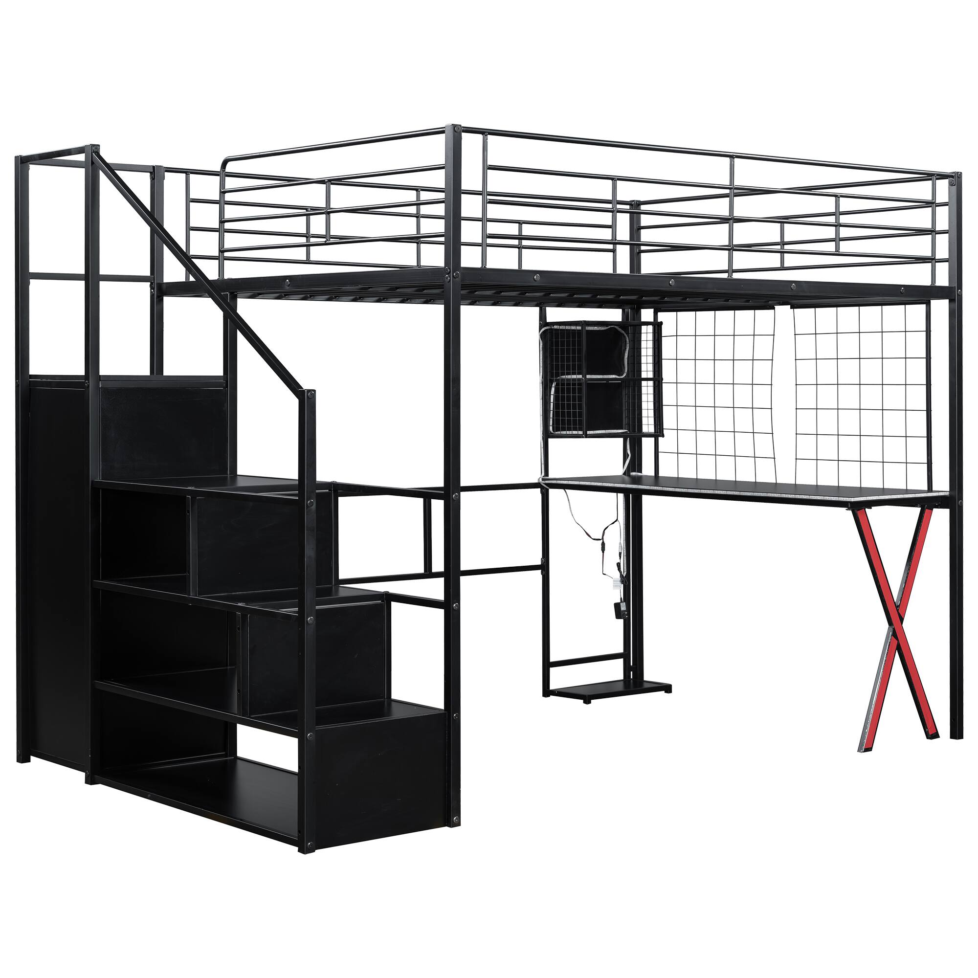 Back. Anysun - Anysun Full Size Metal Loft Bed with Storage Wardrobe and Staircase, Assembly Required - Black.