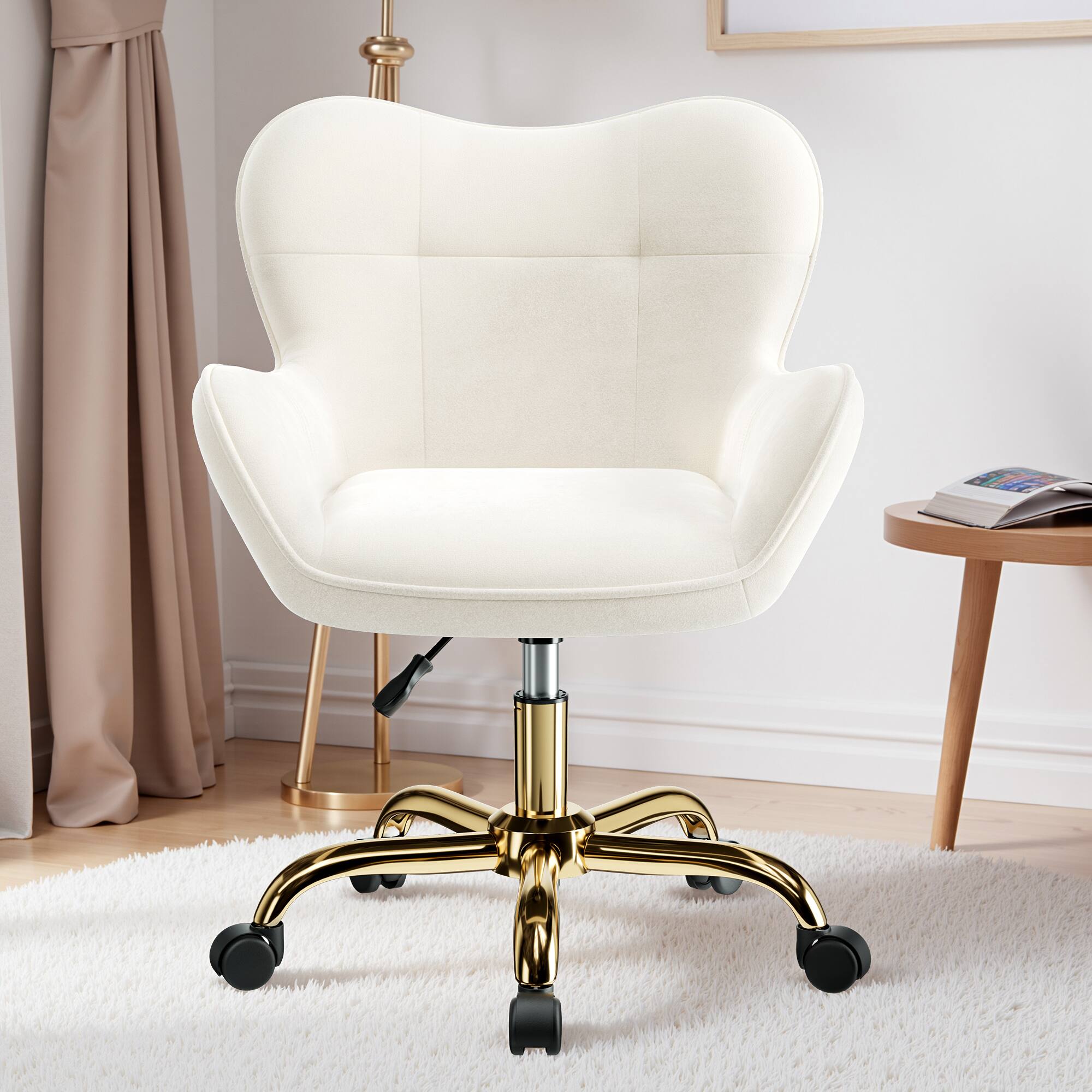 Angle. Brick Attic - Vanity Chair with Wheels,Cute Home Office Desk Chairs Adjustable Height,Fluffy Velvet Makeup Chair with Back for Girls - Beige.