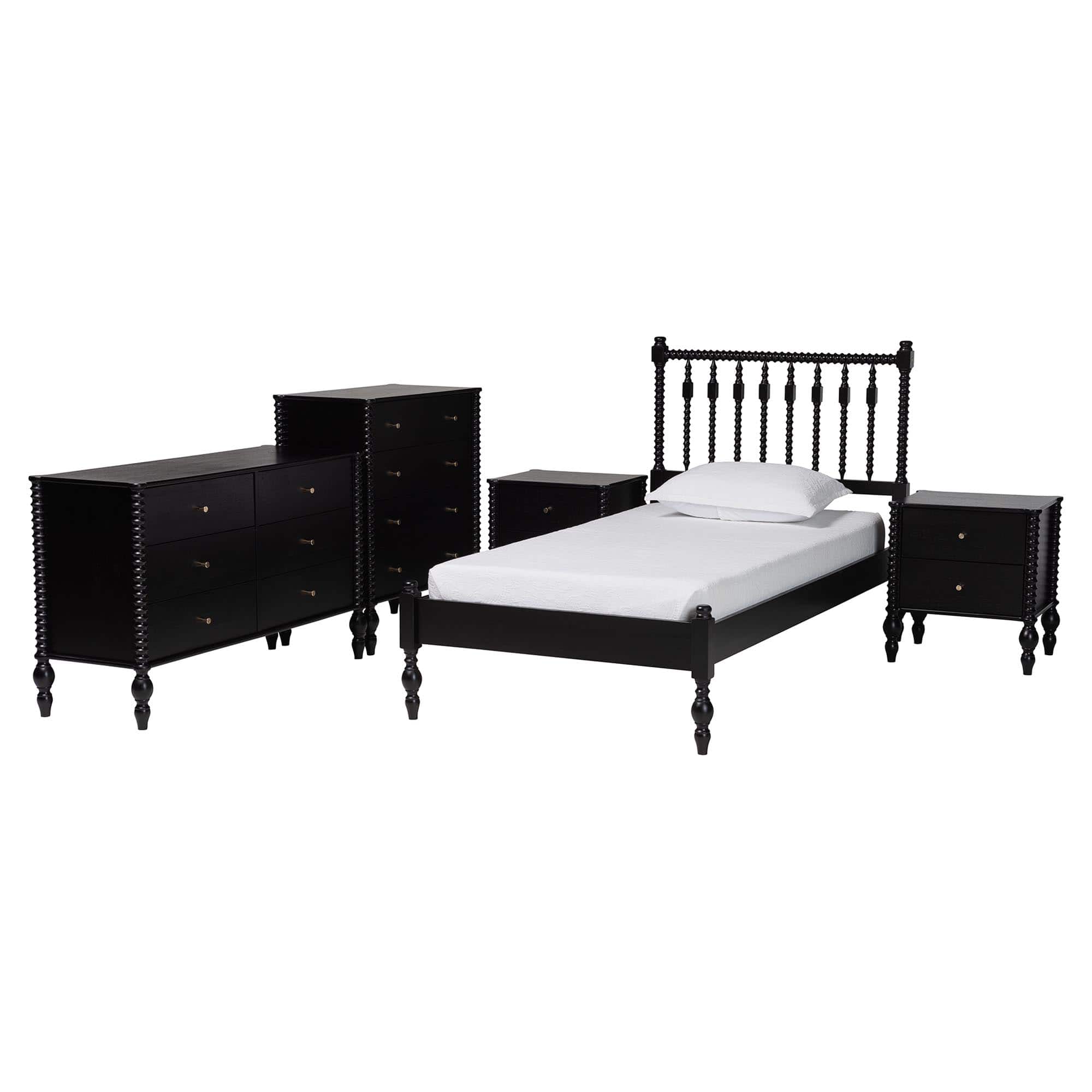 Baxton Studio - Callison Spindle 5-Piece Bedroom Set - Platform Bed with Matching Dresser, Chest, and 2-Drawer Nightstands, Twin - Black