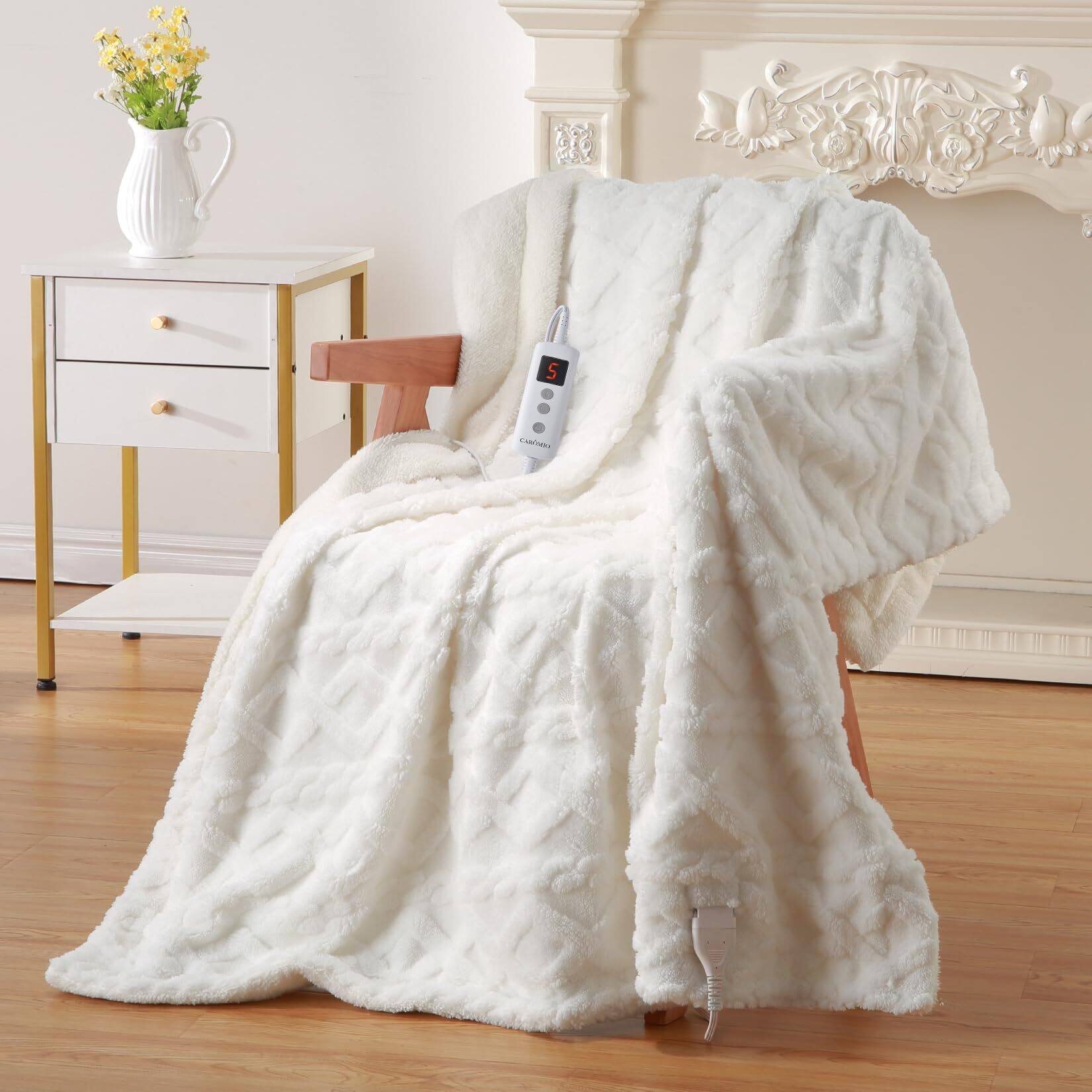 Alt View 5. Jojoka - Washable Fast Heating Thick Tufted Sherpa Electric Blanket Throw w/ 10 Heating Levels & 10 Time Settings Throw 50"×60" - Off White.