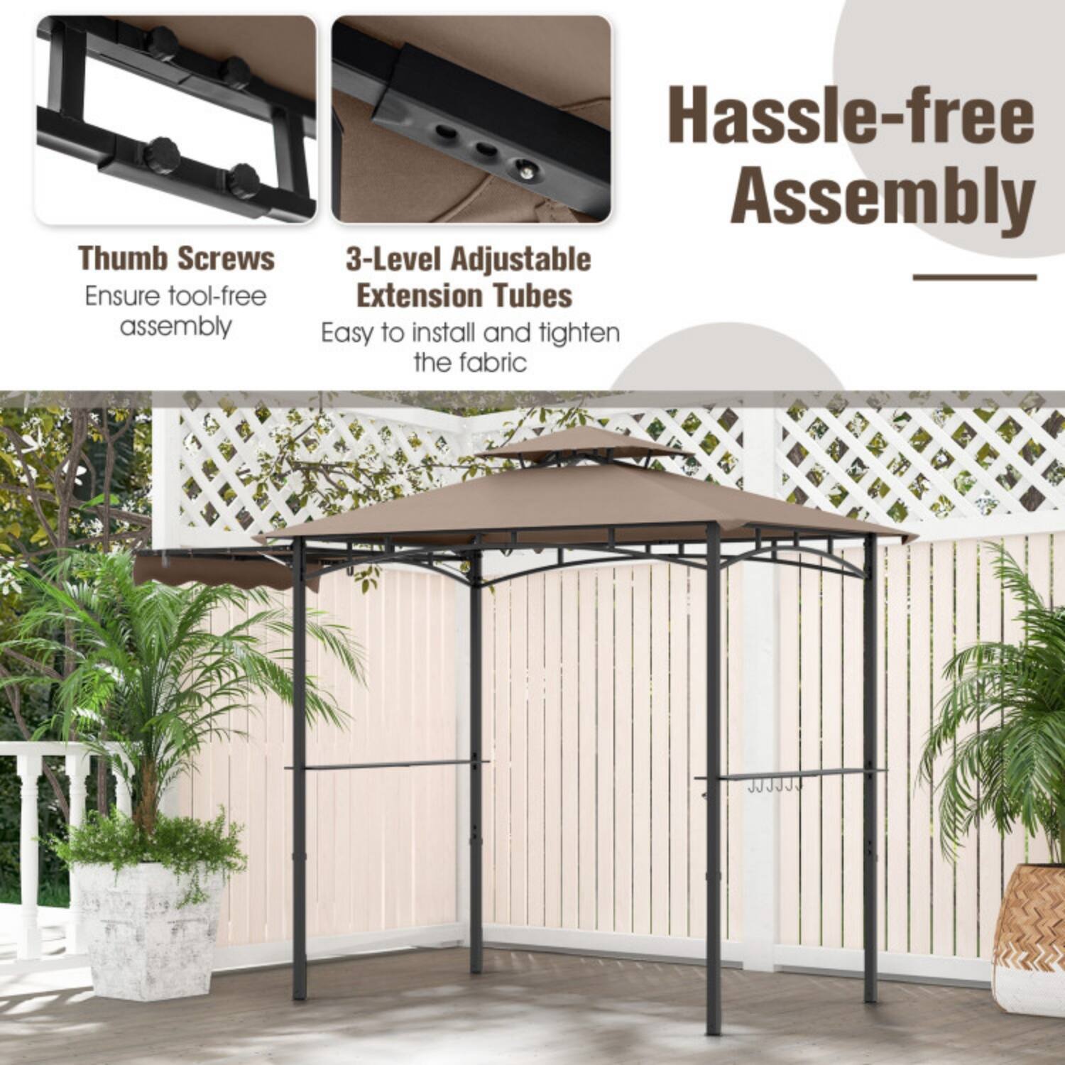 Hassle-free Assembly

Thumb Screws  
Ensure tool-free assembly

3-Level Adjustable Extension Tubes  
Easy to install and tighten the fabric