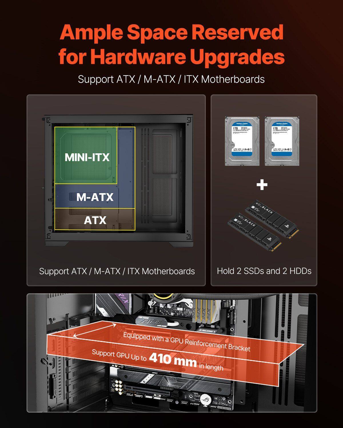 Ample Space Reserved for Hardware Upgrades

Support ATX / M-ATX / ITX Motherboards

MINI-ITX
M-ATX
ATX

Support ATX / M-ATX / ITX Motherboards

Hold 2 SSDs and 2 HDDs

Equipped with a GPU Reinforcement Bracket

Support GPU Up to 410 mm in length