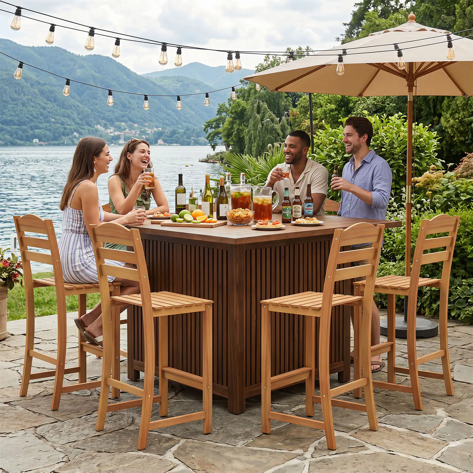 Alt View 4. Costway - Costway 2PCS Solid Acacia Wood Bar Stool, 29.5" Bar Height Stool with Backrest & Footrest - Natural.