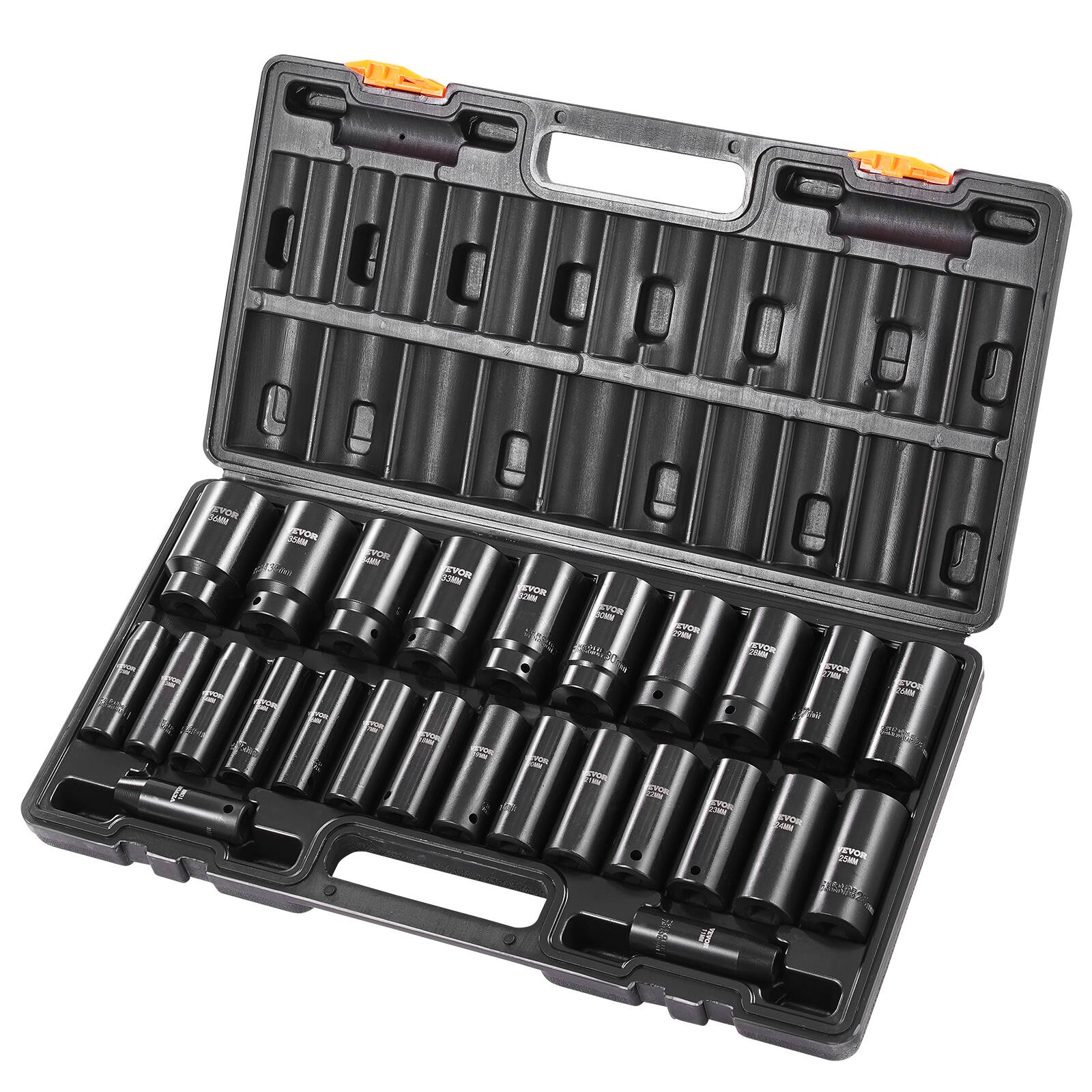VEVOR - Impact Socket Set, 1/2" 26 Piece Impact Sockets, 6-Point Sockets, 1/2 Inches Drive Socket Set Impact Metric 10mm - 36mm - Black