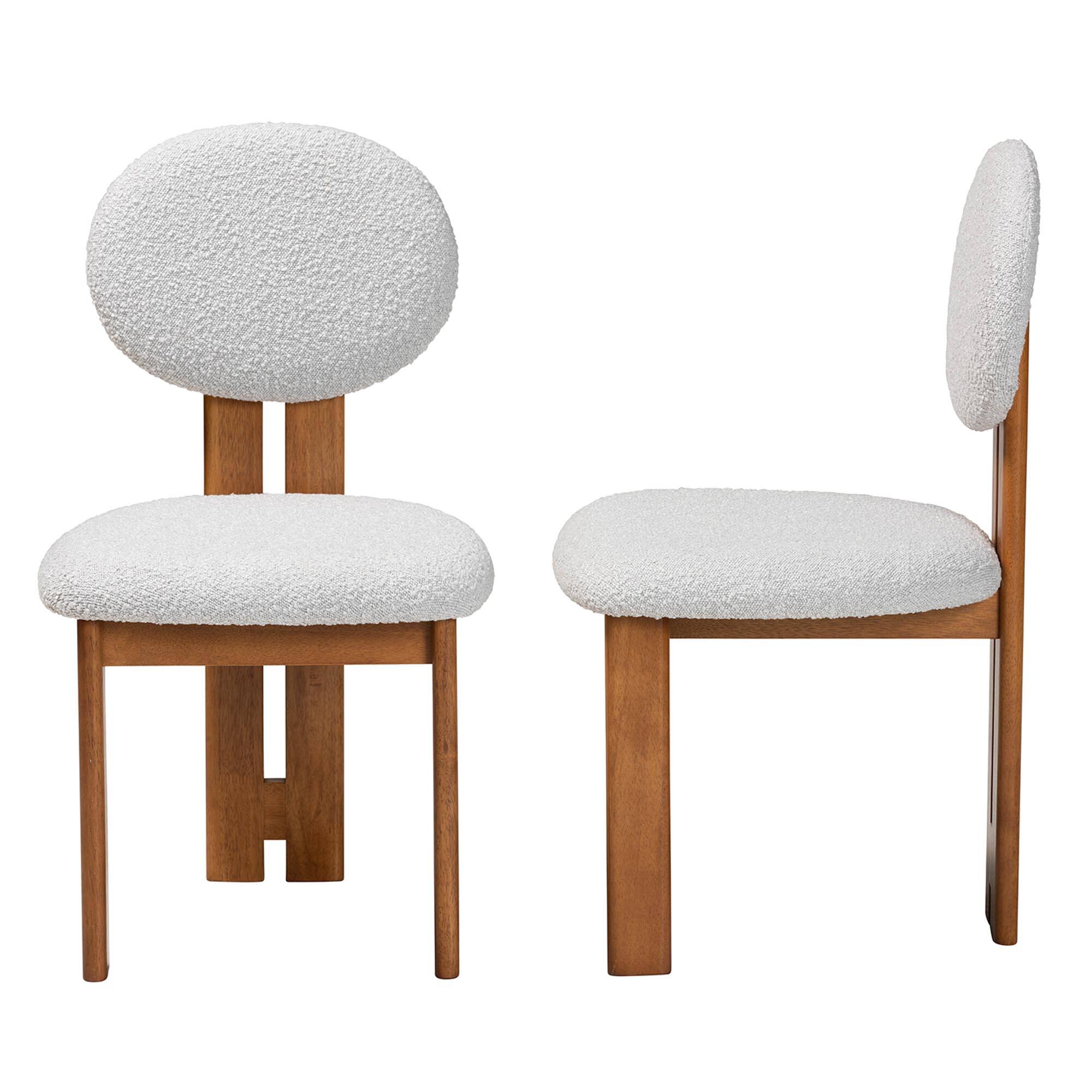 Left. Baxton Studio - Kacela Modern Japandi Boucle Fabric and Finished Wood 2-Piece Dining Chair Set - Light Grey/Walnut Brown.