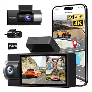 WOLFBOX - 4K 3 Channel Dash Cam, 5.8GHz WiFi, GPS, 3" Screen, WDR, IR Night Vision, Free 64GB Card, Two Parking Monitoring Modes - Black