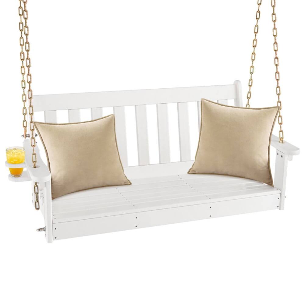 Alt View 2. Pefilos - 54 Inch HDPE Patio Porch Swing with Cup Holer-White, 2-Seater Hanging Bench, Pillow for Backyar Garen Poolsi - White.