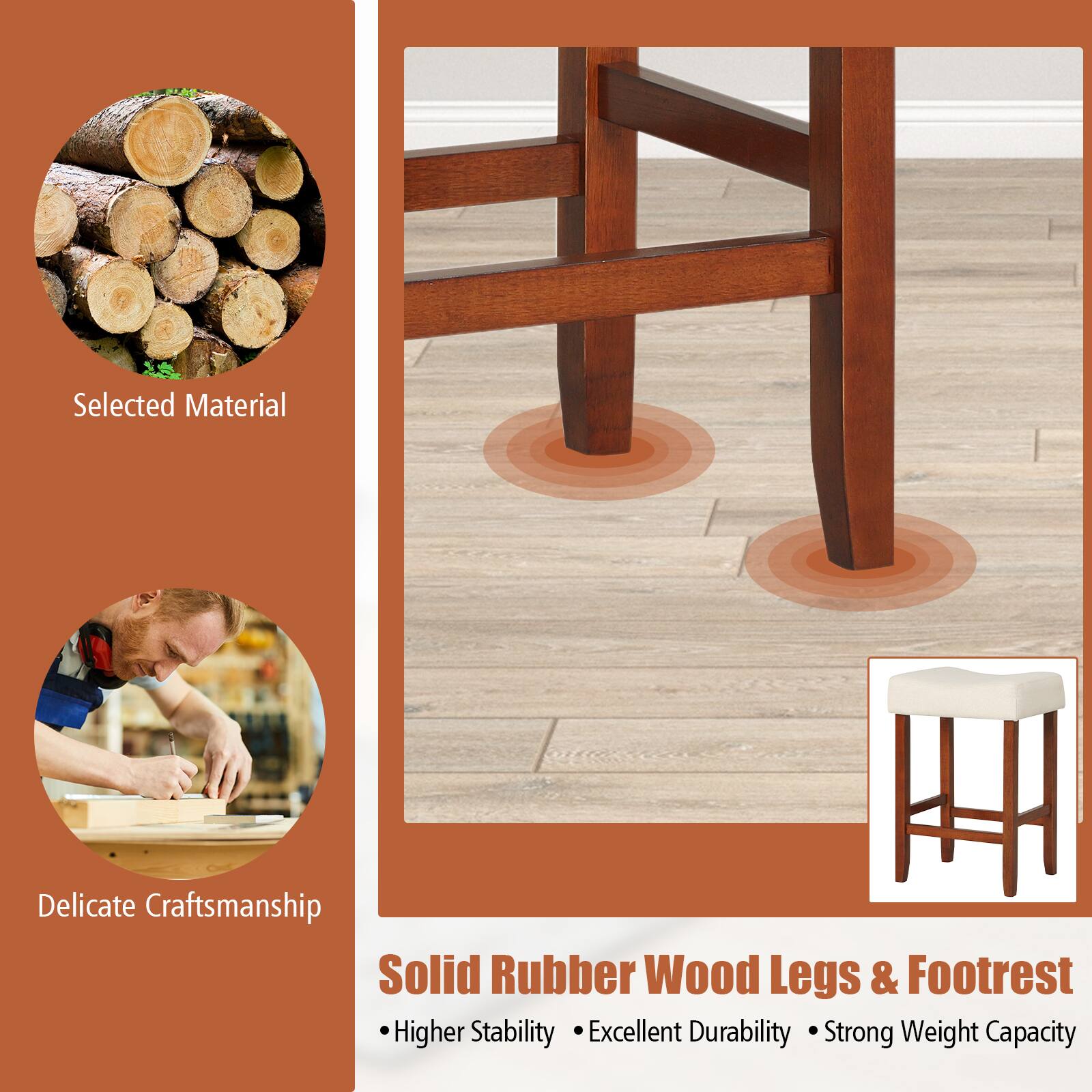 Selected Material  
Delicate Craftsmanship  
Solid Rubber Wood Legs & Footrest  
- Higher Stability  
- Excellent Durability  
- Strong Weight Capacity