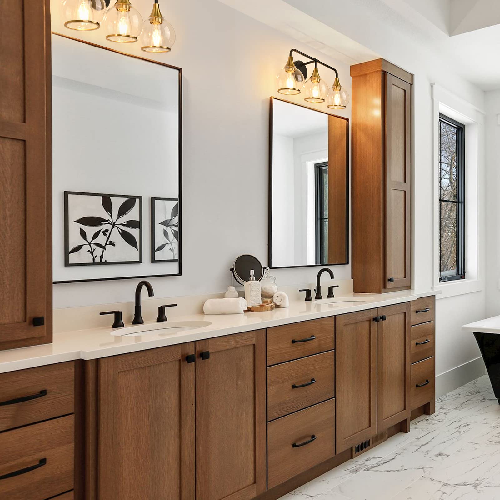 Alt View 3. Earthley Blooms - And Bathroom Vanity Light 3-lights Fixtures Over Mirror With Clear Glass Shade 22 Wall Sconce Lighting Ba... - Gold-3 Light.