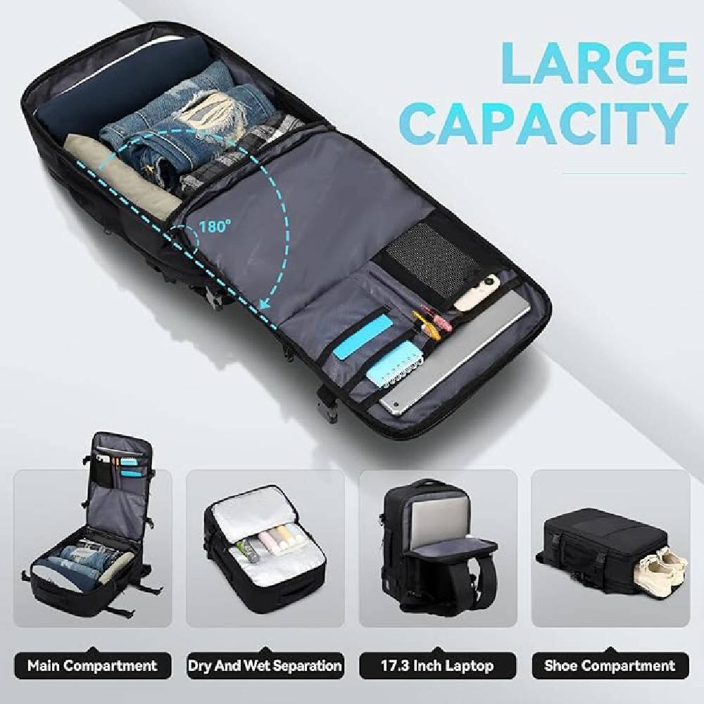 LARGE CAPACITY

Main Compartment  
Dry And Wet Separation  
17.3 Inch Laptop  
Shoe Compartment