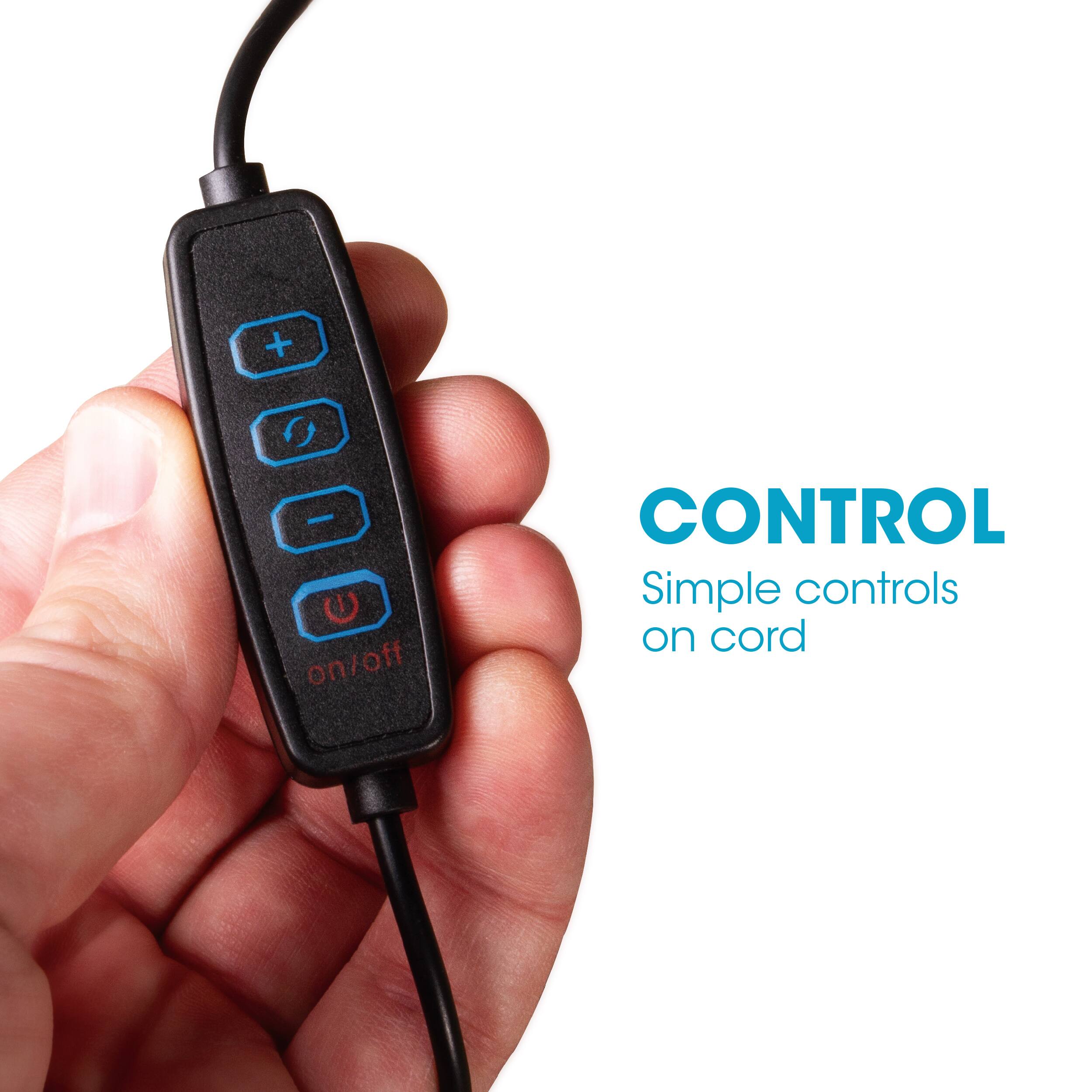 The text on the image reads: "Control: Simple controls on cord."