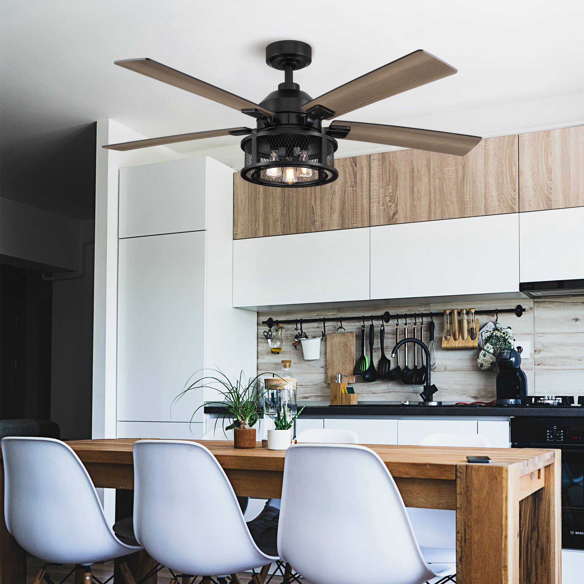 Back. Parrot Uncle - 52" Industrial Reversible Wood 5-Blade Black Ceiling Fan with Light and Remote - Black.