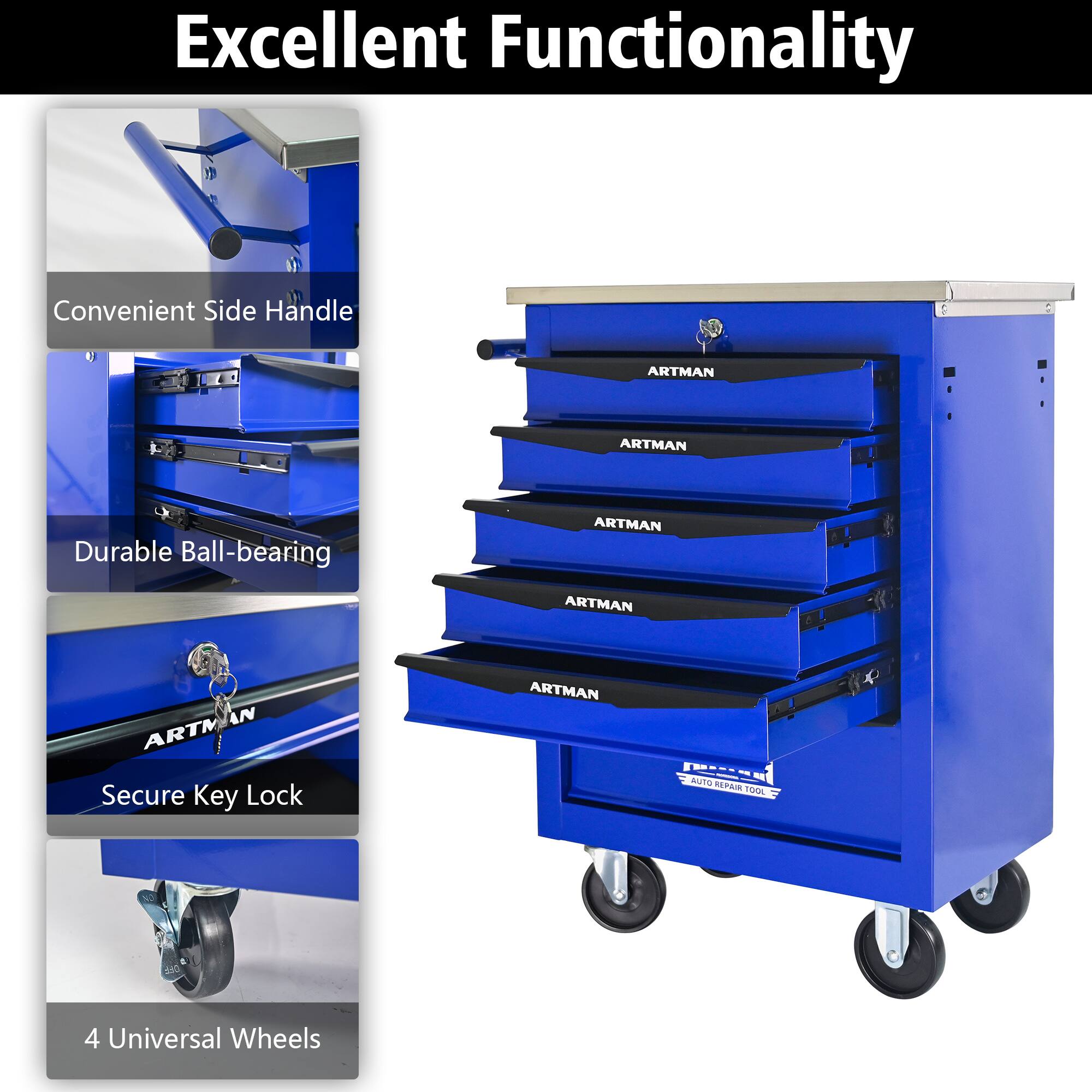 Excellent Functionality

- Convenient Side Handle
- Durable Ball-bearing
- Secure Key Lock
- 4 Universal Wheels