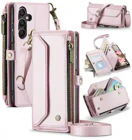 Dteck - Crossbody Wallet Case for Samsung Galaxy A56 with Card Slots and Zipper Pocket, RFID Blocking PU Leather Phone Cover - Pink