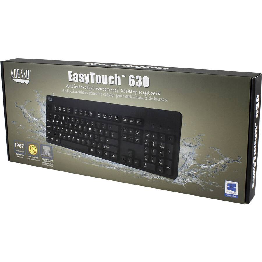 ADESSO  
EasyTouch™ 630  
Antimicrobial waterproof Desktop Keyboard  
Antimicrobien étanche clavier pour ordinateurs de bureau  

IP67  
Waterproof  
Antimicrobial  

Microsoft Windows 10 Compatible