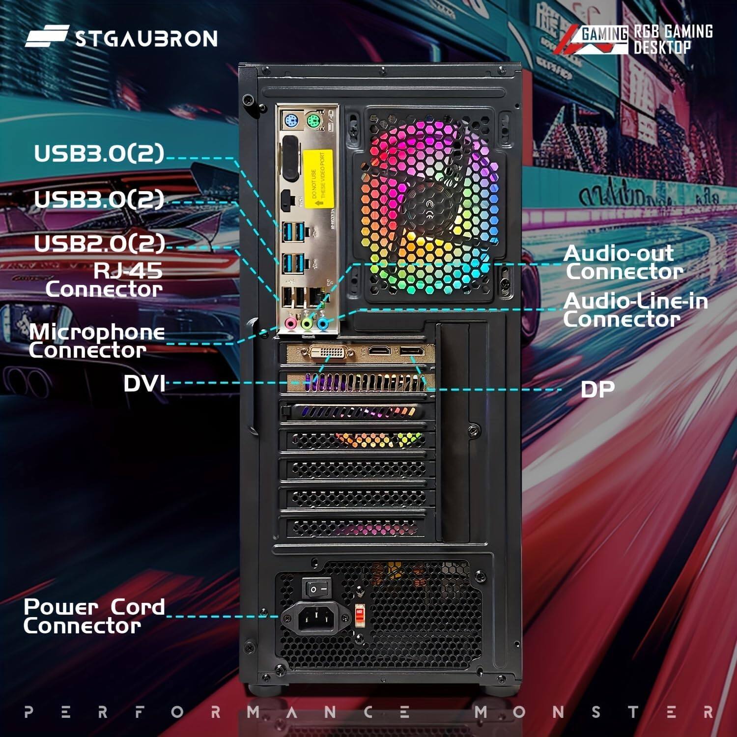 STGAUBRON GAMING RGB GAMING DESKTOP USB3.0(2) USB3.0(2) USB2.0(2) RJ-45 Connector Microphone Connector DVI Audio-out Connector Audio-Line-in Connector DP Power Cord Connector PERFORMANCE MONSTER