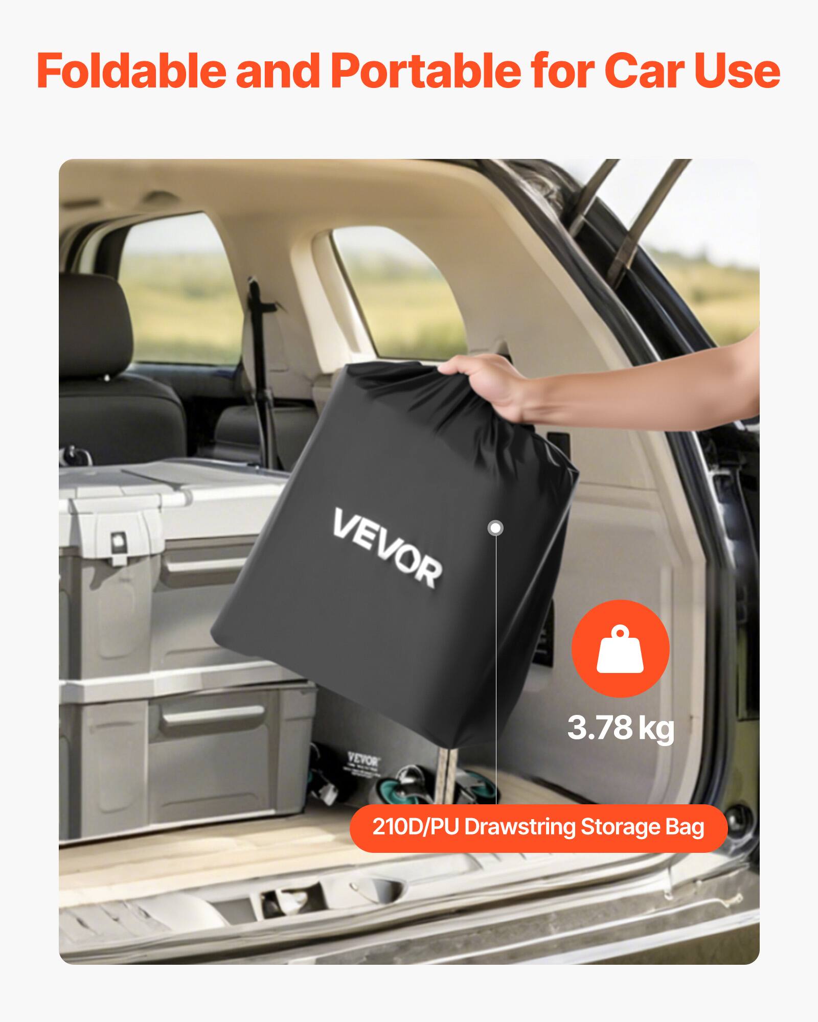 Foldable and Portable for Car Use

VEVOR

3.78 kg

210D/PU Drawstring Storage Bag