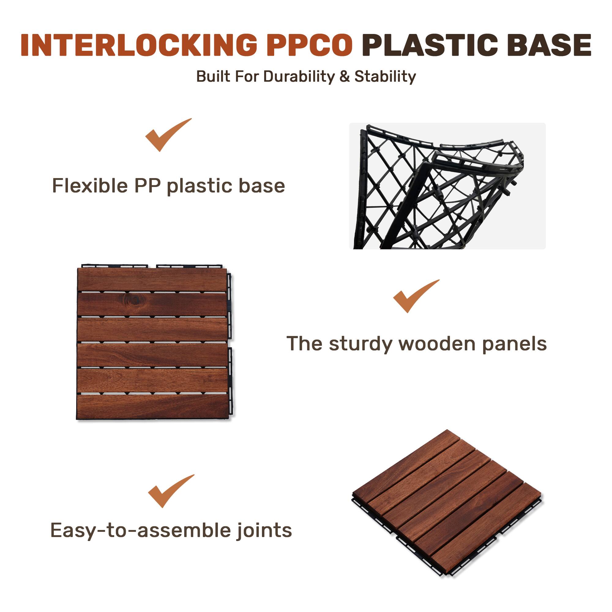 INTERLOCKING PP CO PLASTIC BASE  
Built For Durability & Stability  

- Flexible PP plastic base  
- The sturdy wooden panels  
- Easy-to-assemble joints