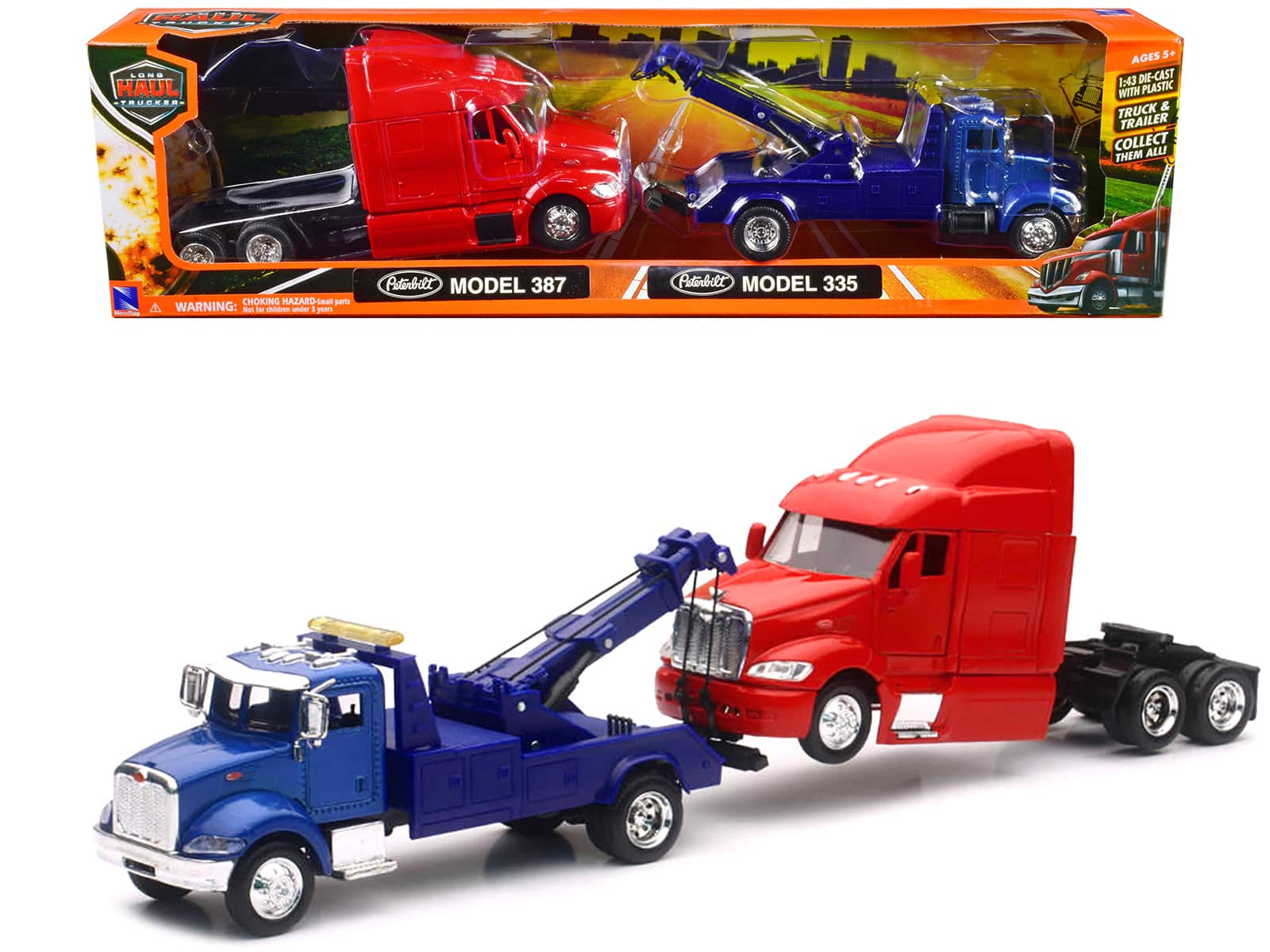 Peterbilt Model 335 Tow Truck Blue and Peterbilt Model 387 Cab Red Set of 2 Pieces 1/43 by New Ray - Blue And Red