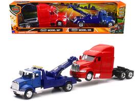 Peterbilt Model 335 Tow Truck Blue and Peterbilt Model 387 Cab Red Set of 2 Pieces 1/43 by New Ray - Blue And Red