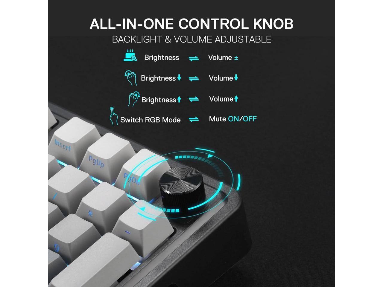 ALL-IN-ONE CONTROL KNOB  
BACKLIGHT & VOLUME ADJUSTABLE

- Brightness
- Volume
- Brightness
- Volume
- Brightness
- Volume
- Switch RGB Mode
- Mute ON/OFF

Insert  
PgUp  
PgDn