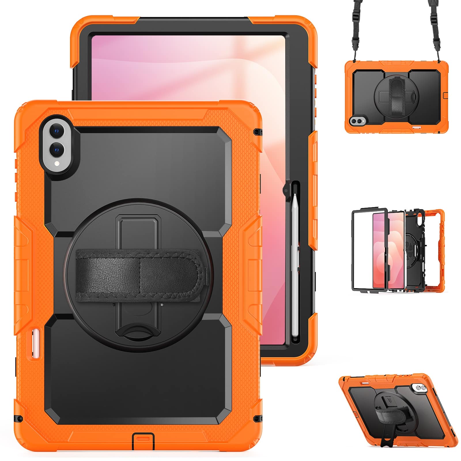 UUCOVER - Full Body Case for Samsung Galaxy S11 Ultra 14.6" 2025 X930 X936B Built-in Screen Protector Stand Shoulder Strap Cover - Black+Orange