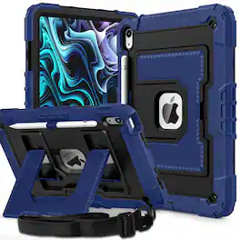 Dteck - Heavy Duty Rugged Case for Apple iPad A16 (11th Generation, 2025) with Multi-Angle Kickstand and Shoulder Strap - Black+Navy Blue