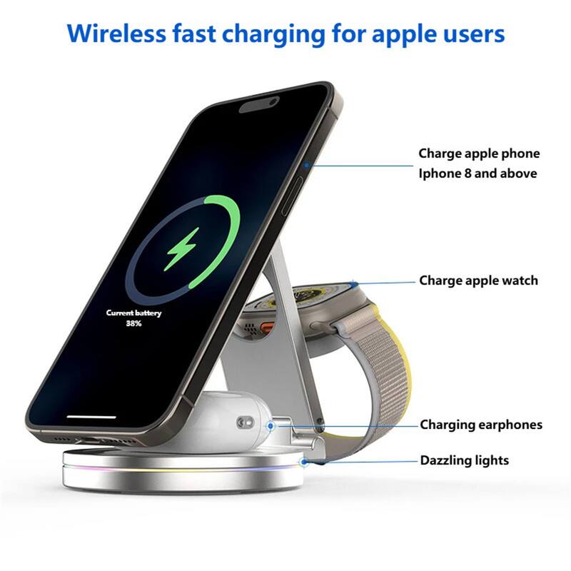 Wireless fast charging for apple users

- Charge apple phone Iphone 8 and above
- Charge apple watch
- Charging earphones
- Dazzling lights

Current battery 38%