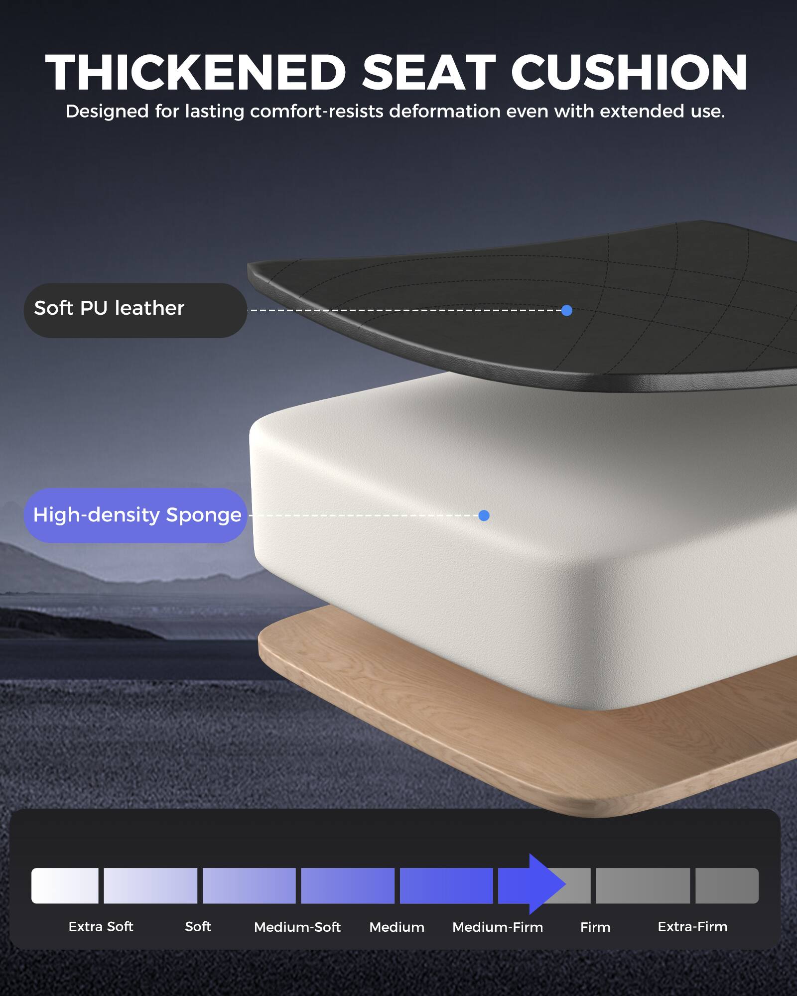 THICKENED SEAT CUSHION  
Designed for lasting comfort-resists deformation even with extended use.  

Soft PU leather  
High-density Sponge  

Extra Soft  
Soft  
Medium-Soft  
Medium  
Medium-Firm  
Firm  
Extra-Firm