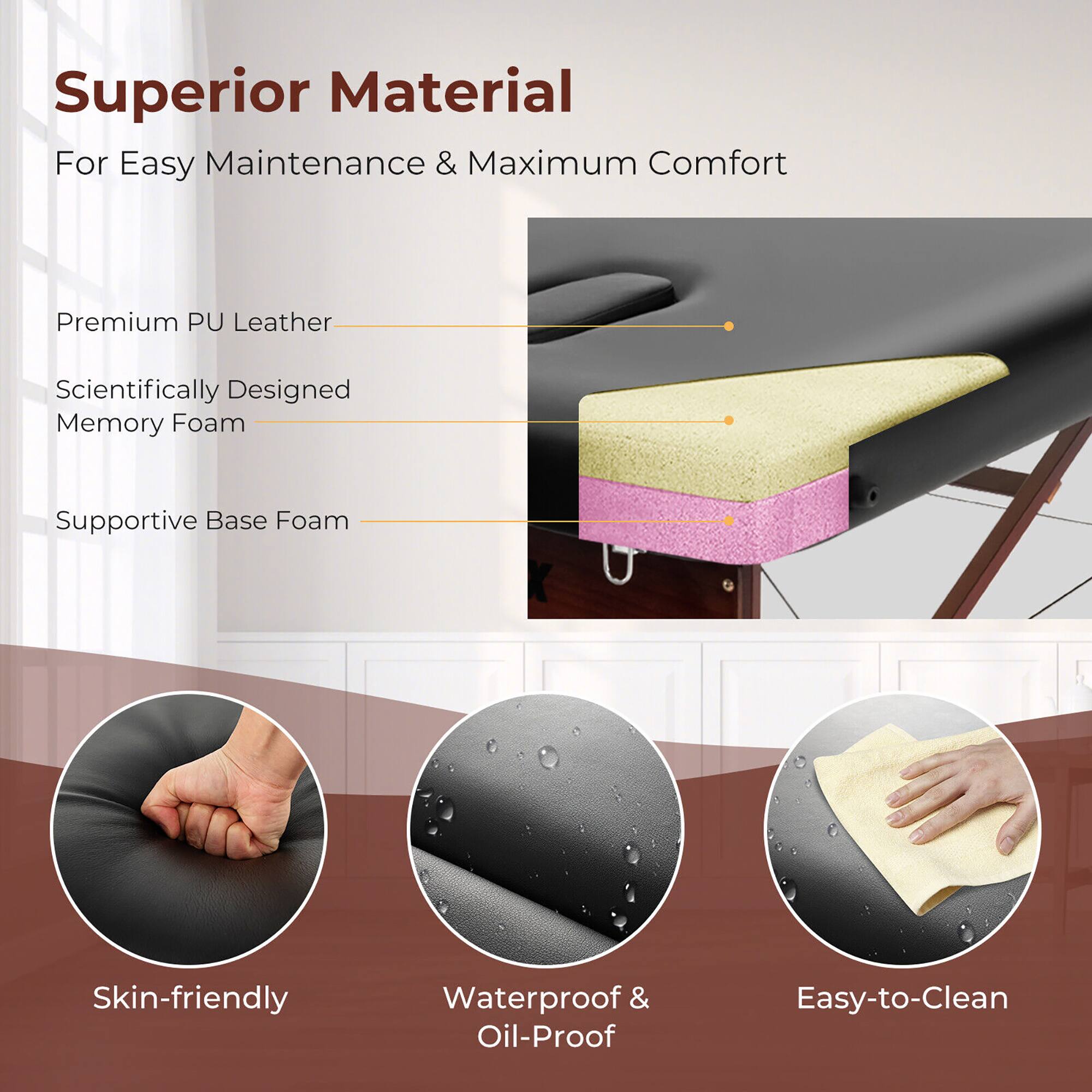 Superior Material  
For Easy Maintenance & Maximum Comfort

- Premium PU Leather
- Scientifically Designed Memory Foam
- Supportive Base Foam

Skin-friendly  
Waterproof & Oil-Proof  
Easy-to-Clean