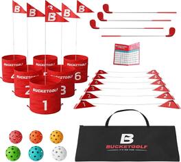 BUCKETGOLF - 6 Hole Bundle Set | Ultimate Backyard Golf Game with 3 Right + 1 Left-Handed Clubs | Portable with Custom Course Design - Red