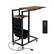 The image features a black chair with wheels, which is placed on a wooden desk. The desk is equipped with a power strip, and there is a black box nearby. The chair is positioned on a stand, and the entire setup appears to be a convenient and organized workspace.