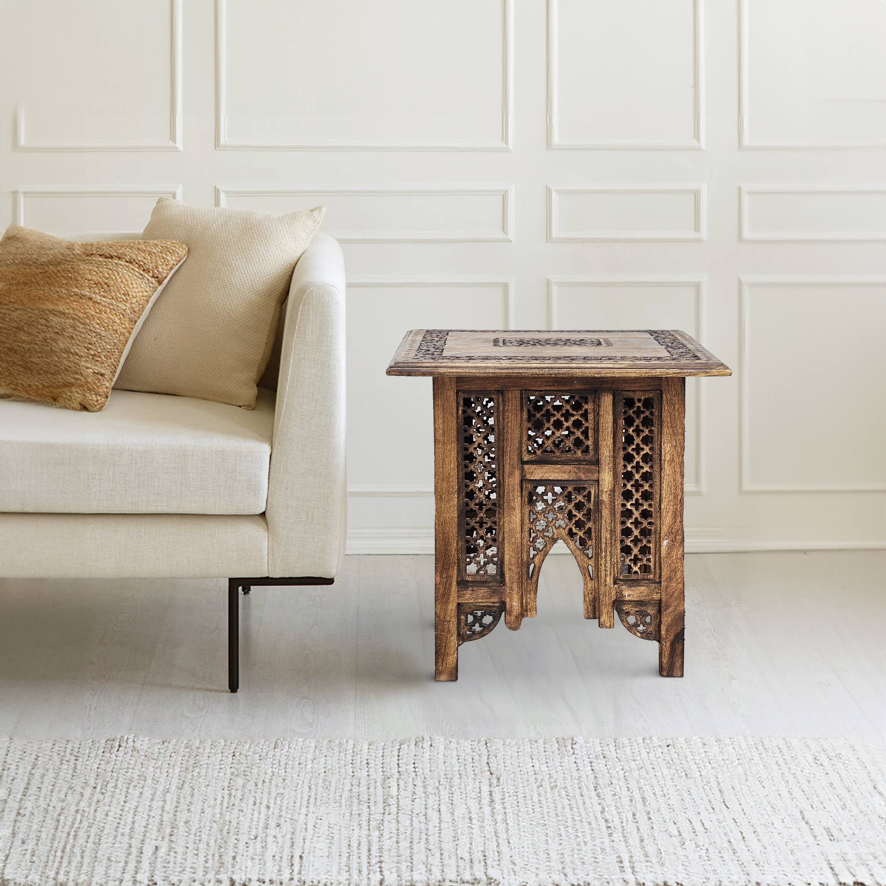 Alt View 10. Manhattan Lane - 21 Inch Boho Side End Table, Floral Carved Details, Foldable Panel Legs - Brown.