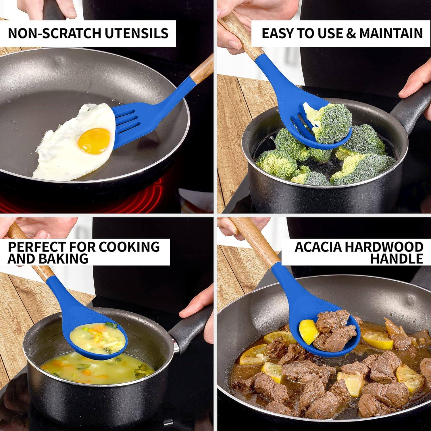 - NON-SCRATCH UTENSILS
- EASY TO USE & MAINTAIN
- PERFECT FOR COOKING AND BAKING
- ACACIA HARDWOOD HANDLE