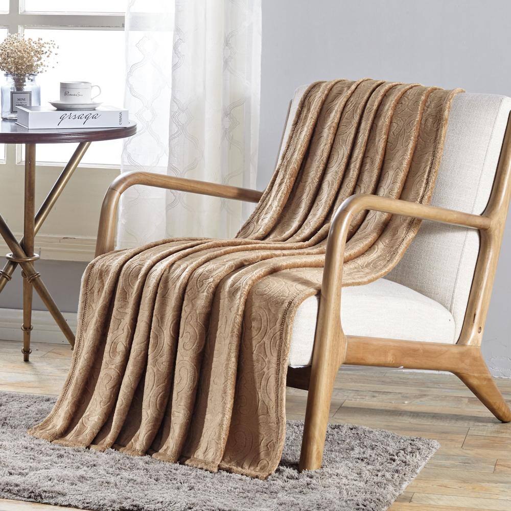 Plazatex - Dama Embossed Scroll Pattern Soft & Cozy Throw Blanket - 50x60" - Tan