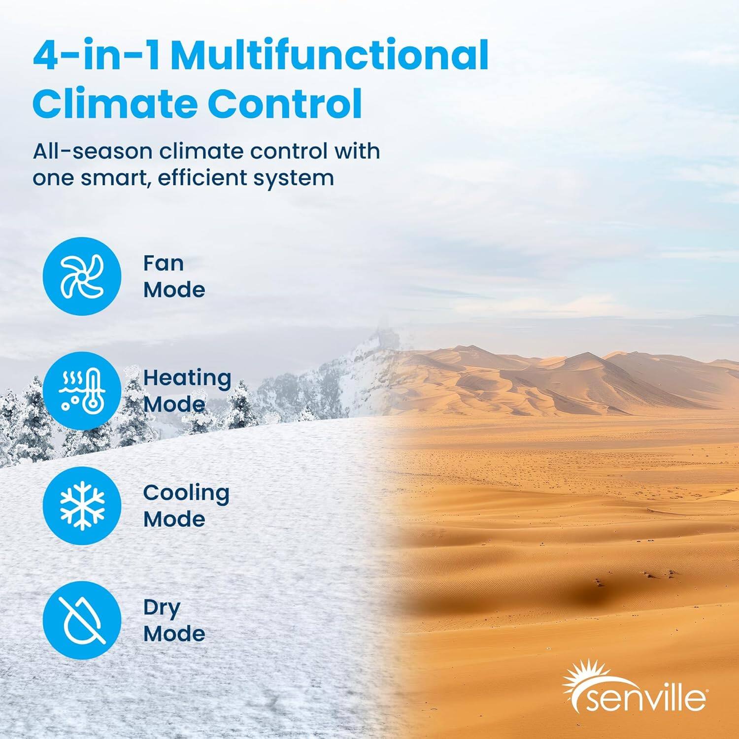 4-in-1 Multifunctional Climate Control

All-season climate control with one smart, efficient system

Fan Mode  
Heating Mode  
Cooling Mode  
Dry Mode  

senville