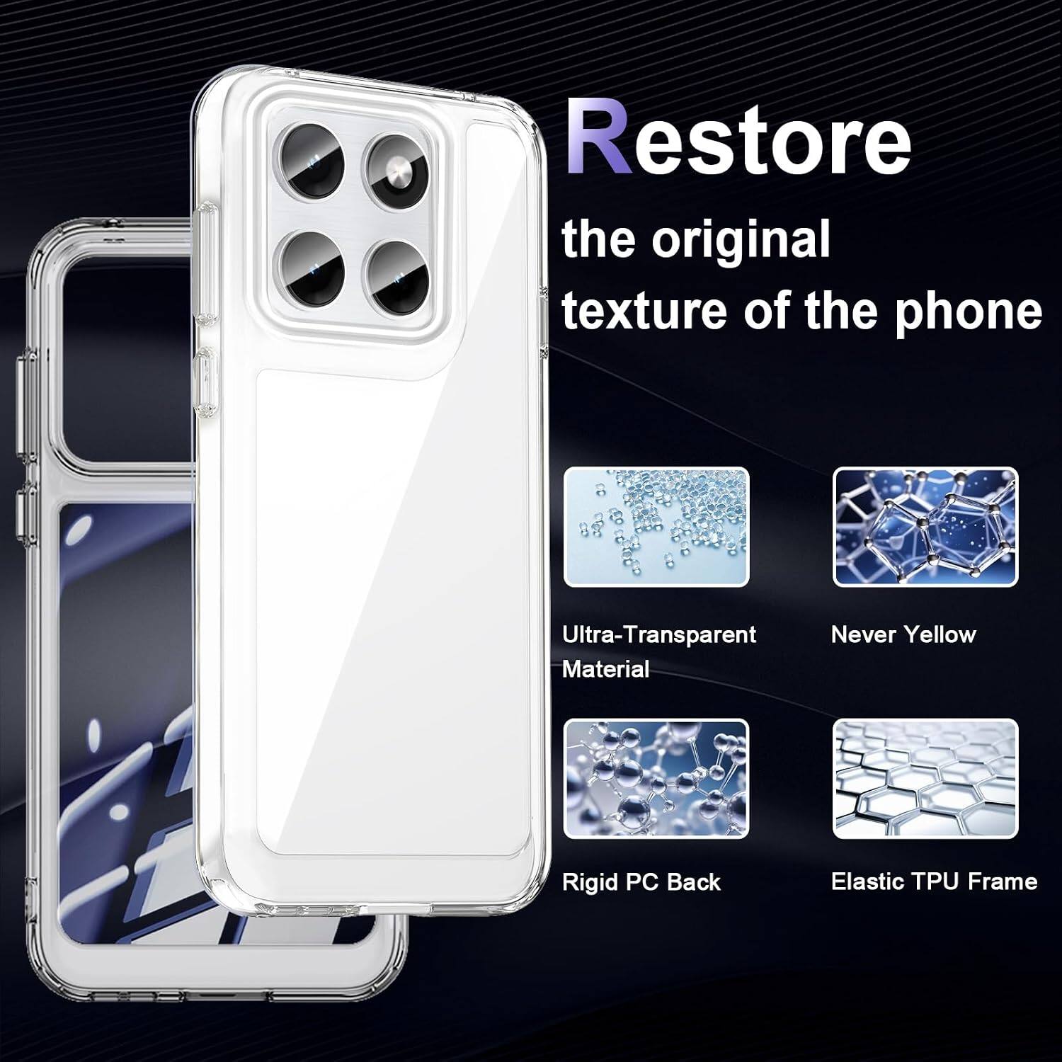 Restore the original texture of the phone

Ultra-Transparent Material  
Never Yellow  
Rigid PC Back  
Elastic TPU Frame