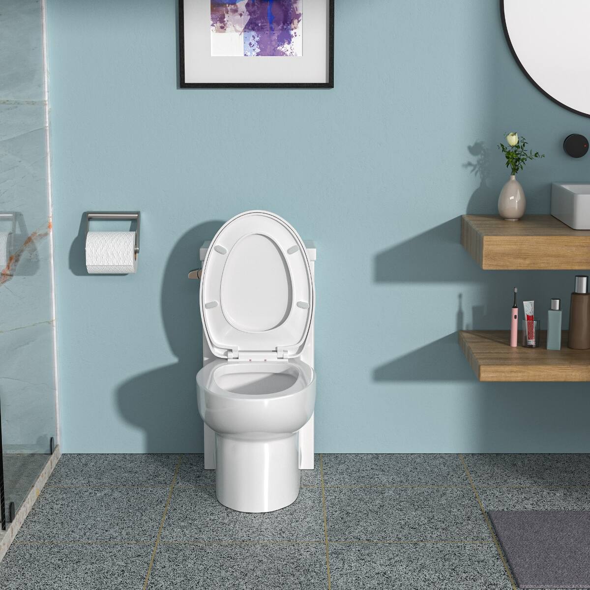 Left. Loheer - Loheer White Ceramic One Piece Toilet, Twelve Inch Rough In, Soft Close Seat - White.