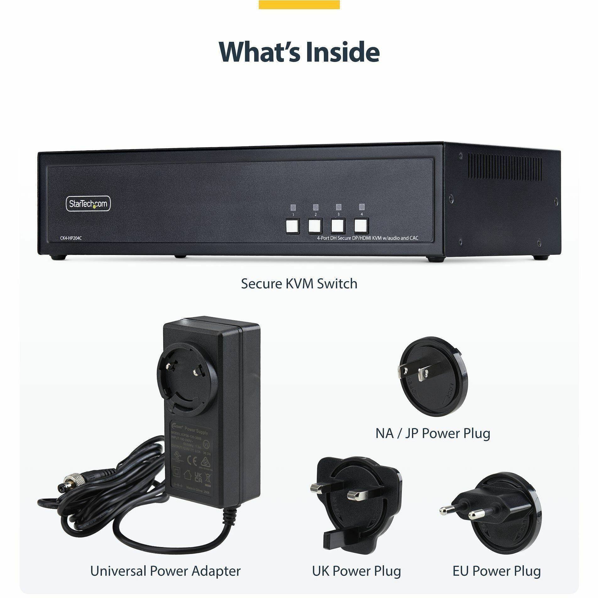 What's Inside

StarTech.com

1. CKA-HP20AC
   4-Port DH Secure DP/HDMI KVM w/audio and CAC
   Secure KVM Switch

2. Supply
   Universal Power Adapter

3. NA/JP Power Plug

4. UK Power Plug

5. EU Power Plug
