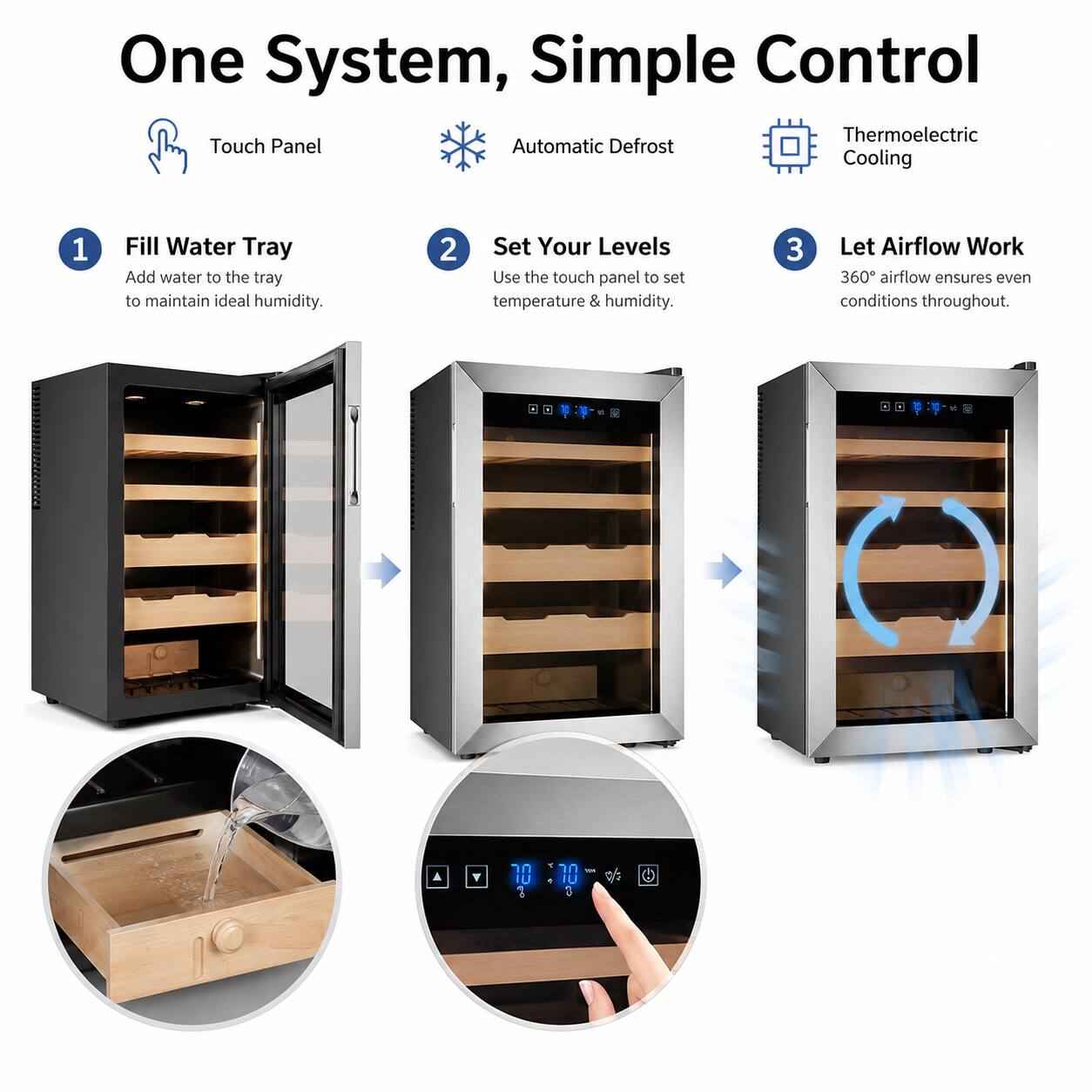 One System, Simple Control

1. Fill Water Tray
   - Add water to the tray to maintain ideal humidity.

2. Set Your Levels
   - Use the touch panel to set temperature & humidity.

3. Let Airflow Work
   - 360° airflow ensures even conditions throughout.